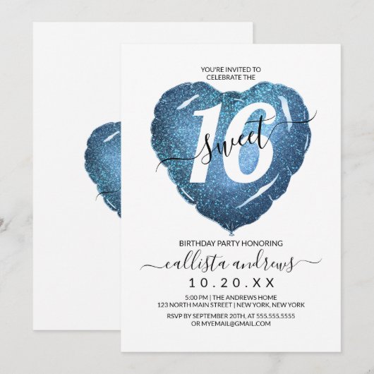 Girly Wit Blauw Glitter Hart Ballon Sweet 16 Kaart (Voorkant / Achterkant)