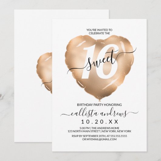 Girly Wit Roze Gouden Folie Hart Ballon Zoet 16 Kaart (Voorkant / Achterkant)