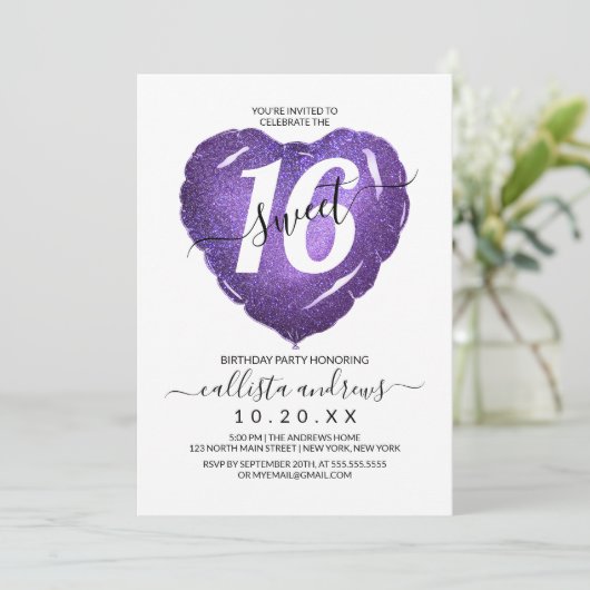 Girly Witte Paarse Glitter Hart Ballon Sweet 16 Kaart (Staand voorkant)