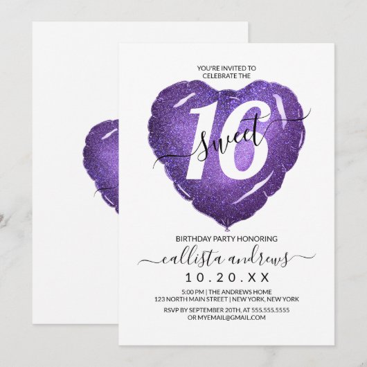 Girly Witte Paarse Glitter Hart Ballon Sweet 16 Kaart (Voorkant / Achterkant)