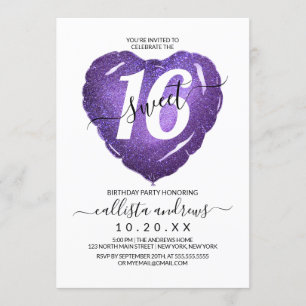 Girly Witte Paarse Glitter Hart Ballon Sweet 16 Kaart