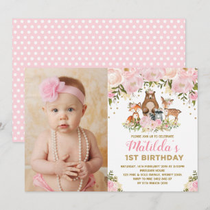 Girly Woodland Animals 1st Birthday Pink Floral Kaart