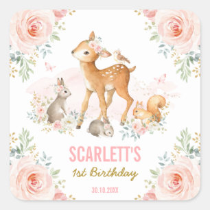 Girly Woodland Animals Blush Pink Floral Birthday Vierkante Sticker