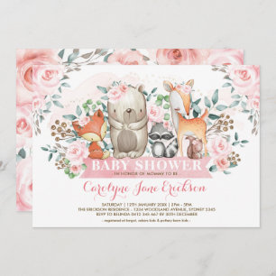 Girly Woodland Animals Chic Pink Roses Baby shower Kaart