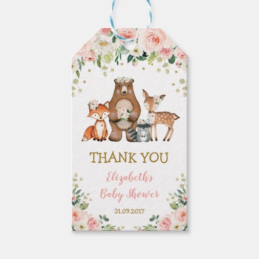 Girly Woodland Animals Roze Bloemen Baby shower Cadeaulabel (Voorkant)