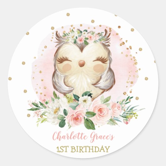 Girly Woodland Baby Uil 1e Verjaardagsfeestgunsten Ronde Sticker (Voorkant)