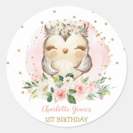 Girly Woodland Baby Uil 1e Verjaardagsfeestgunsten Ronde Sticker