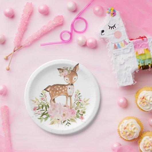 Girly Woodland Deer Pink Floral Forest Birthday Papieren Bordje (Feest)