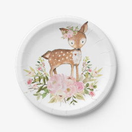 Girly Woodland Deer Pink Floral Forest Birthday Papieren Bordje