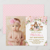 Girly Woodland Dieren 1e Verjaardag Roze Bloemen Kaart (Voorkant / Achterkant)