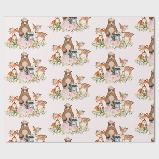 Girly Woodland Forest Animals Baby shower Birthday Cadeaupapier (Vlak)