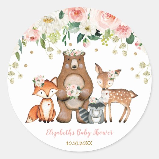 Girly Woodland Forest Animals Baby shower Birthday Ronde Sticker (Voorkant)