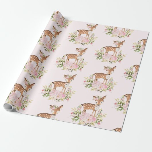 Girly Woodland Forest Deer Baby shower Birthday Cadeaupapier (Uitgerold)