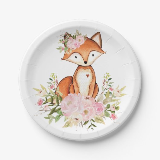 Girly Woodland Fox Pink Floral Forest Baby shower Papieren Bordje (Voorkant)