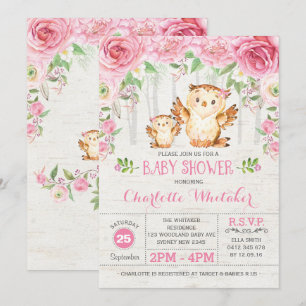 Girly Woodland Owl Pink Floral Baby shower Invite Kaart