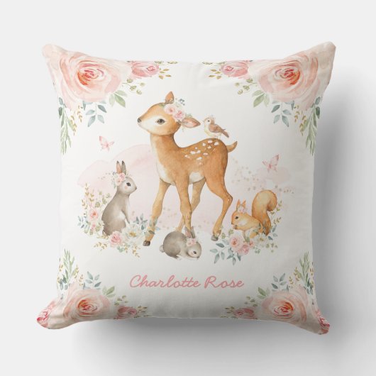 Girly Woodland Pink Floral Deer Bunny Nursery Kussen (Voorkant)
