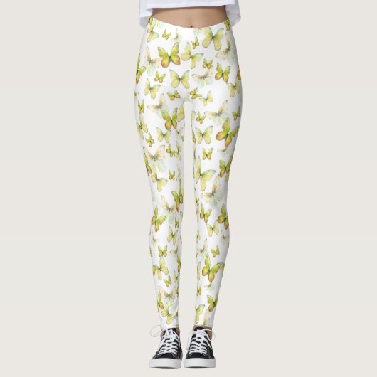 Girly yellow butterfly whimsical patterned leggings (Voorkant)