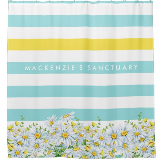 Girly Yellow Daisies en Aqua Stripes met naam Douchegordijn (Voorkant)