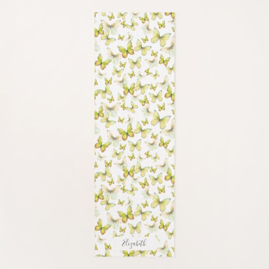 Girly Yellow Pastel Butterflies Aangepaste naam Yogamat (Voorkant)