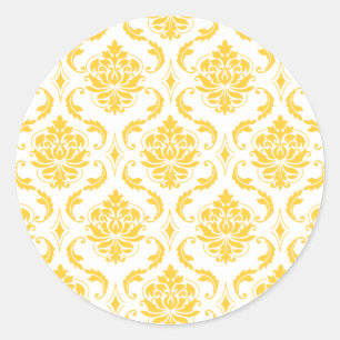 Girly Yellow White  Damask Pattern Ronde Sticker