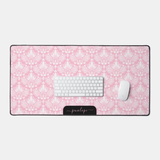 Girly zacht roze en wit damast patroon monogram bureaumat (Keyboard & Muis)