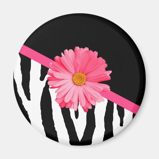 Girly Zebra Pattern Cute Pink Daisy met naam Magneet (Voorkant)