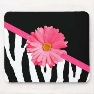 Girly Zebra Pattern Cute Pink Daisy met naam Muismat