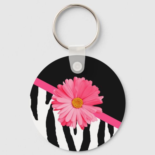 Girly Zebra Pattern Cute Pink Daisy met naam Sleutelhanger (Voorkant)