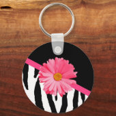 Girly Zebra Pattern Cute Pink Daisy met naam Sleutelhanger (Voorkant)