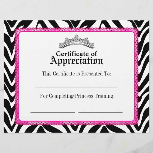 Girly Zebra Pink Lace en Tiara Certificate (Voorkant)