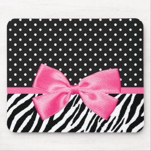 Girly Zebra Print Polka Dots and Cute Pink Ribbon Muismat