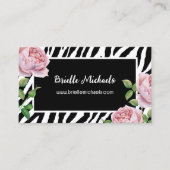 Girly zebra strepen patroon met roze rozen visitekaartje (Voorkant)