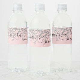 Girly Zilver en Blush Roze Monogram Sparkle Waterfles Etiket