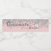 Girly Zilver en Blush Roze Monogram Sparkle Waterfles Etiket (Enkel label)