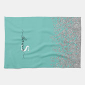 Girly Zilver en Teal Monogram Aqua Glitter Theedoek (Horizontaal)