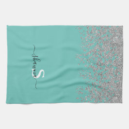 Girly Zilver en Teal Monogram Aqua Glitter Theedoek