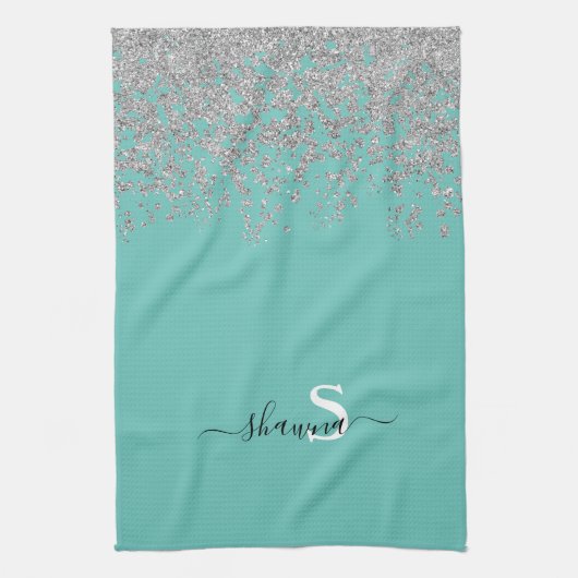 Girly Zilver en Teal Monogram Aqua Glitter Theedoek (Verticaal)