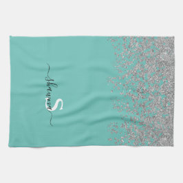 Girly Zilver en Turquoise Monogram Aqua Glitter Theedoek