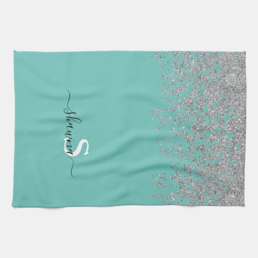Girly Zilver en Turquoise Monogram Aqua Glitter Theedoek (Horizontaal)