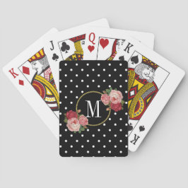 Girly Zwart  Bloemen Polka Dots Monogram Pokerkaarten