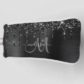 Girly Zwart Geborsteld Metaal Dripping Glitter Naa Golfheadcover (Voorkant)