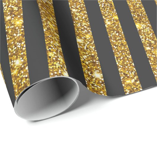 Girly Zwart Goud Glitter Sparkles Stripe Patroon Cadeaupapier (Rol Hoek)