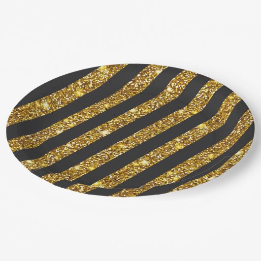 Girly Zwart Goud Glitter Sparkles Stripe Patroon Papieren Bordje (Gekanteld)