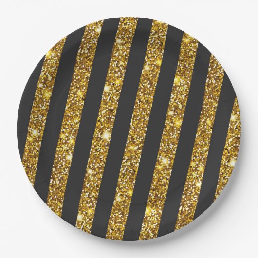 Girly Zwart Goud Glitter Sparkles Stripe Patroon Papieren Bordje (Voorkant)