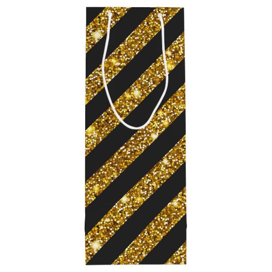 Girly Zwart Goud Glitter Sparkles Stripe Patroon Wijn Cadeautas (Achterkant)