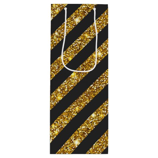 Girly Zwart Goud Glitter Sparkles Stripe Patroon Wijn Cadeautas (Voorkant)
