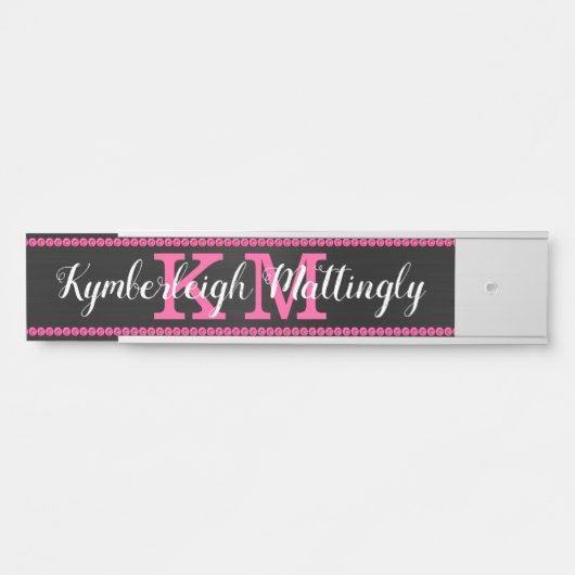 Girly Zwart Heet Roze Diamanten Glam Monogram Naam Deurbordje (Voorkant)