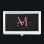 Girly Zwart Heet Roze Magenta Monogram Script Naam Visitekaarthouder<br><div class="desc">Elegant Zwart Heet Roze Magenta Monogram Girly Script Naam Business Card Case</div>