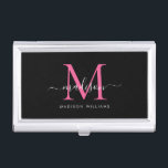 Girly Zwart Heet Roze Magenta Monogram Script Naam Visitekaarthouder<br><div class="desc">Elegant Zwart Heet Roze Magenta Monogram Girly Script Naam Business Card Case</div>
