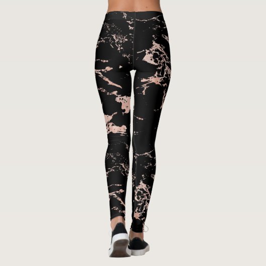 Girly Zwart Marmeren Roos Gouden Folie Leggings (Achterkant)